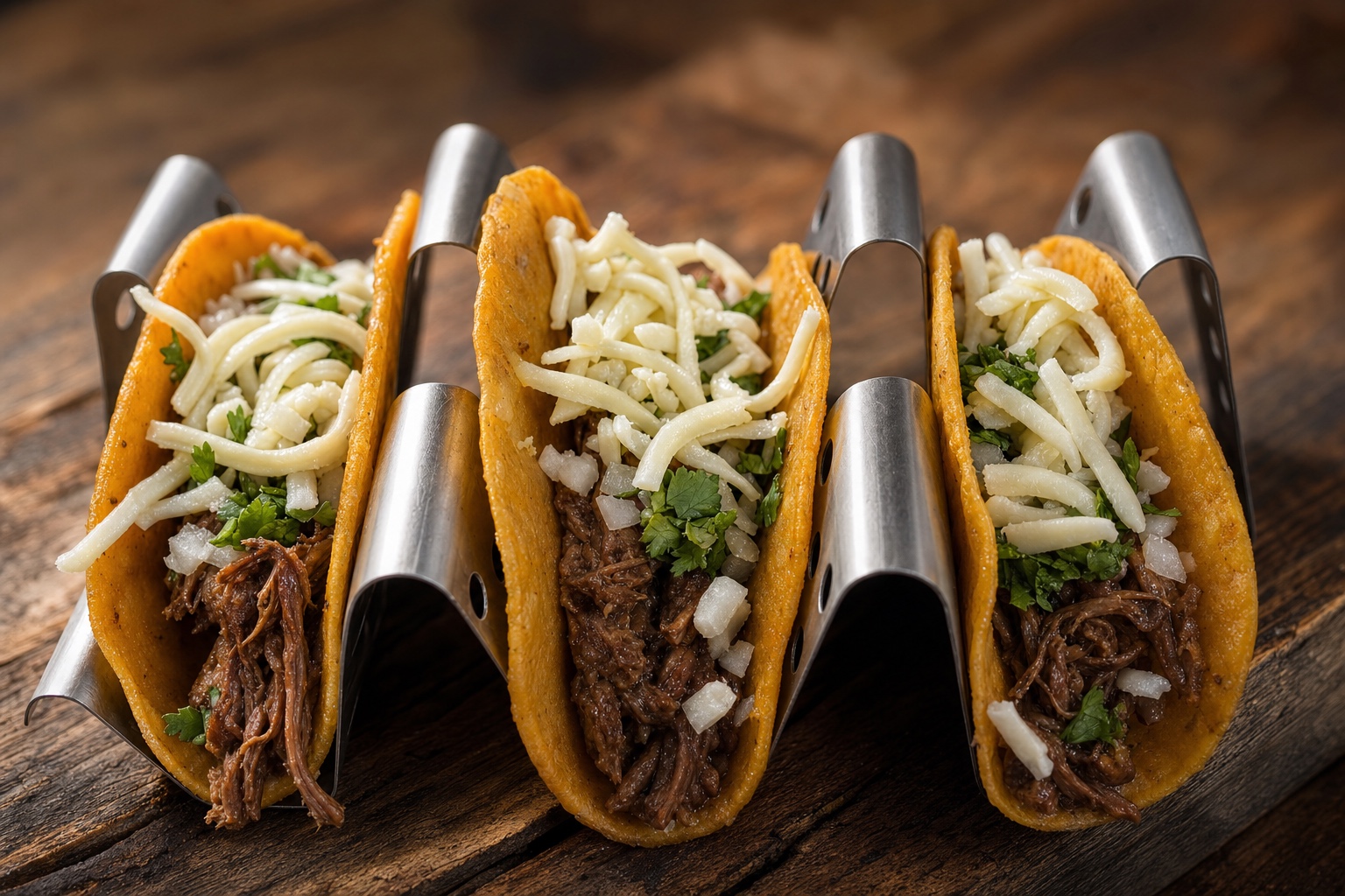 Three birria tacos with cheese and cilantro