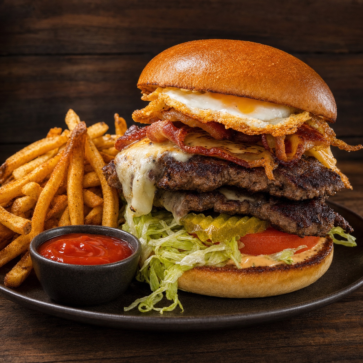 Boxcar Burger with fried egg, bacon, and fries