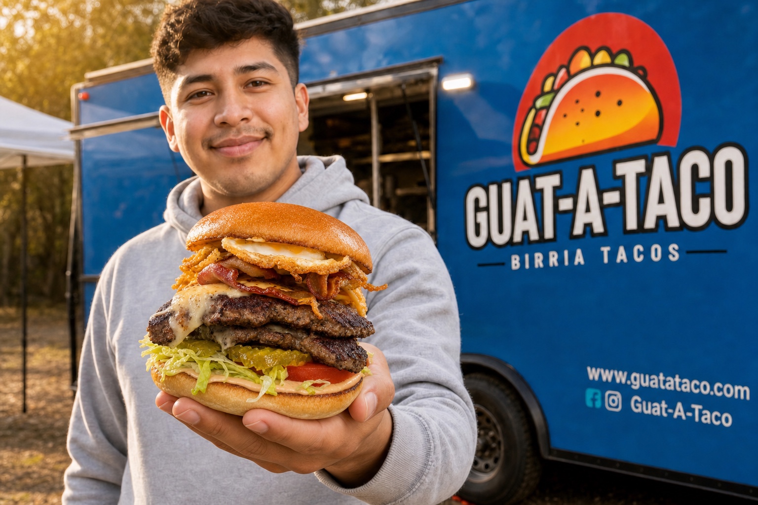 Happy customer holding a birria bowl in front of the Guat-A-Taco truck