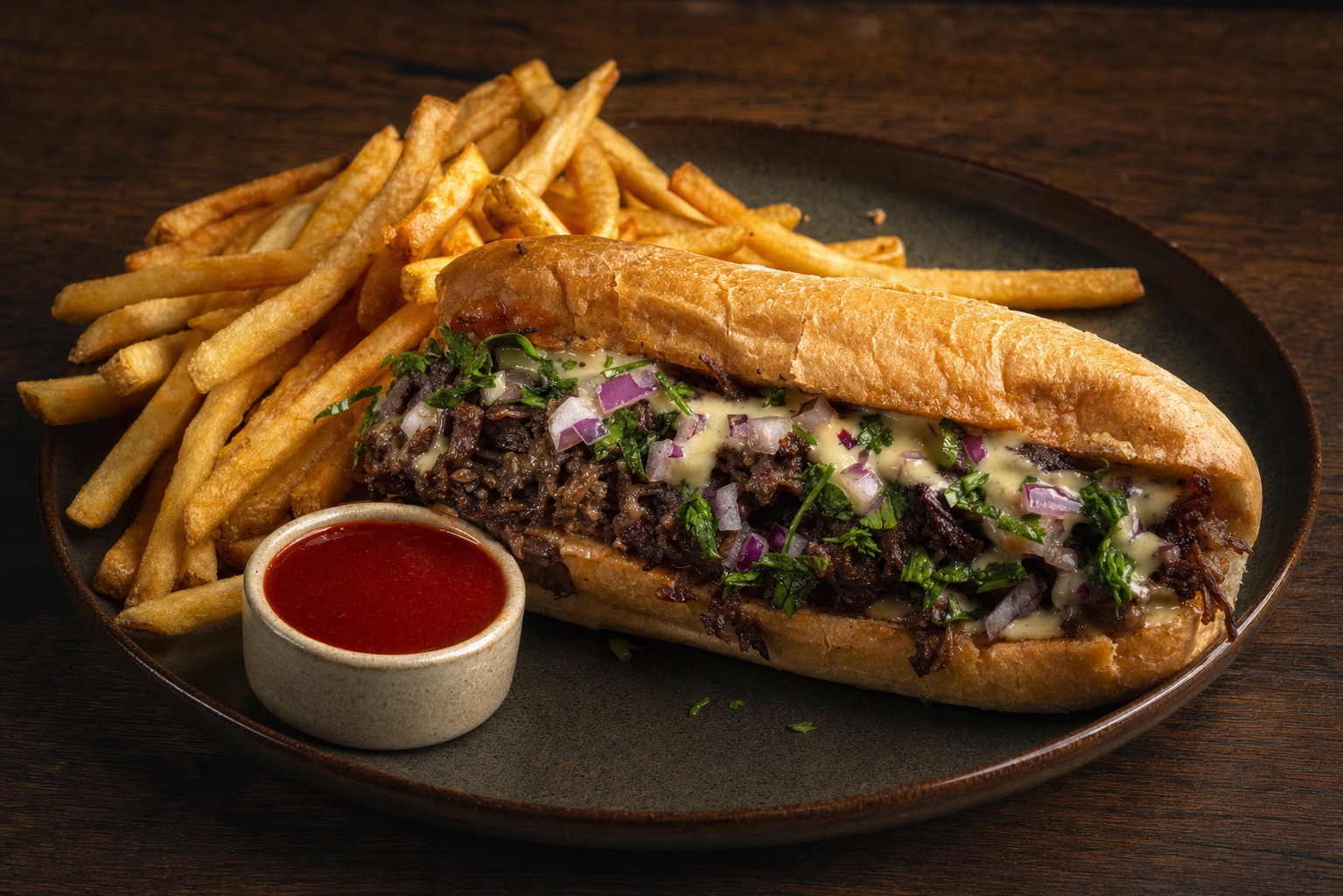 Birria French dip sandwich with fries and consomé