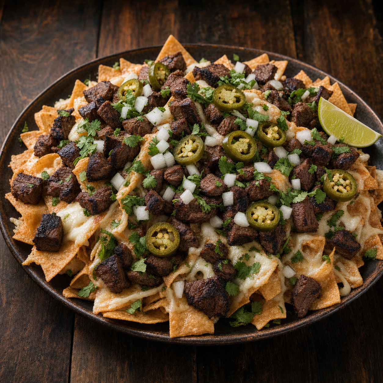 Guat-A-Taco Loaded Carne Asada Nachos — crispy tortilla chips piled with grilled carne asada, melted oaxaca cheese, jalapeños, diced onion, cilantro, and lime