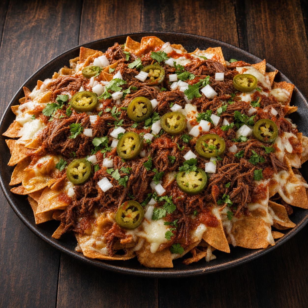 Guat-A-Taco Loaded Birria Nachos — crispy tortilla chips piled with slow-braised birria beef, melted oaxaca cheese, jalapeños, diced onion, and cilantro