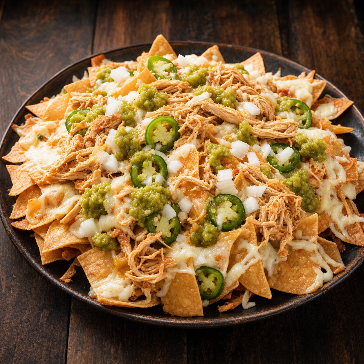 Guat-A-Taco Loaded Chicken Nachos — crispy tortilla chips piled with shredded chicken, melted oaxaca cheese, salsa verde, jalapeños, and diced onion